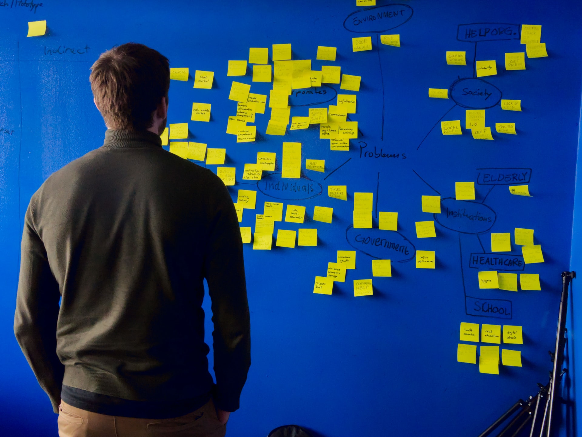 A man stands in front of a dark blue wall. He's doing a brainstorming session. There are written problems on the wall's centre, and there are yellow sticky notes around it. He's trying to devise solutions for the issues using the brainstorming session.