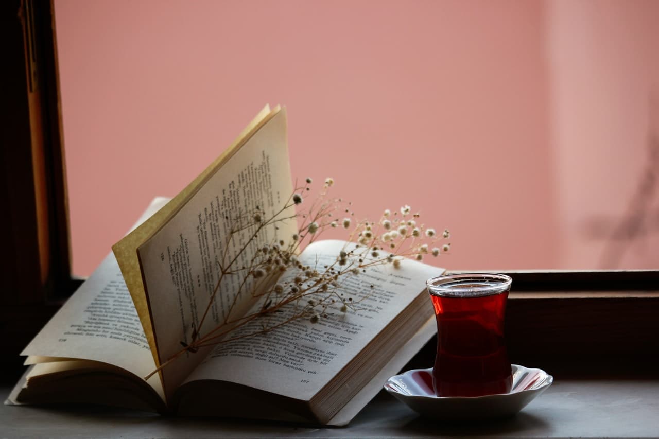 The photo shows an open book with a dried flower branch as a bookmark with a tea in clear glass on a dusty rose background giving a positive feeling on how books can inspire a social entrepreneur.