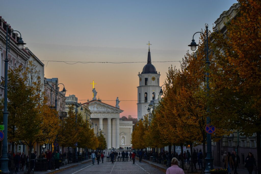 Avenue view of Vilnius, street with trees and church